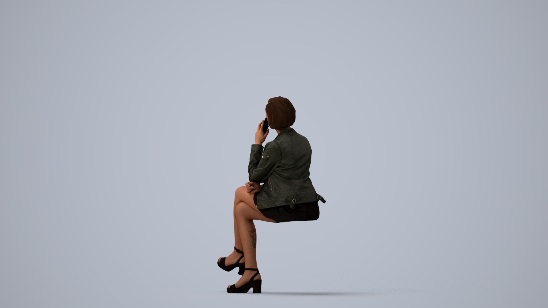 3D human model woman casual sitting, photogrammetry scanned person for archviz, three-quarter view render