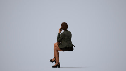 3D human model woman casual sitting, photogrammetry scanned person for archviz, three-quarter view render