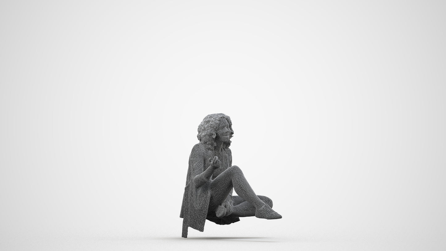 3D human model woman business sitting, photogrammetry scanned person for archviz, wireframe side view