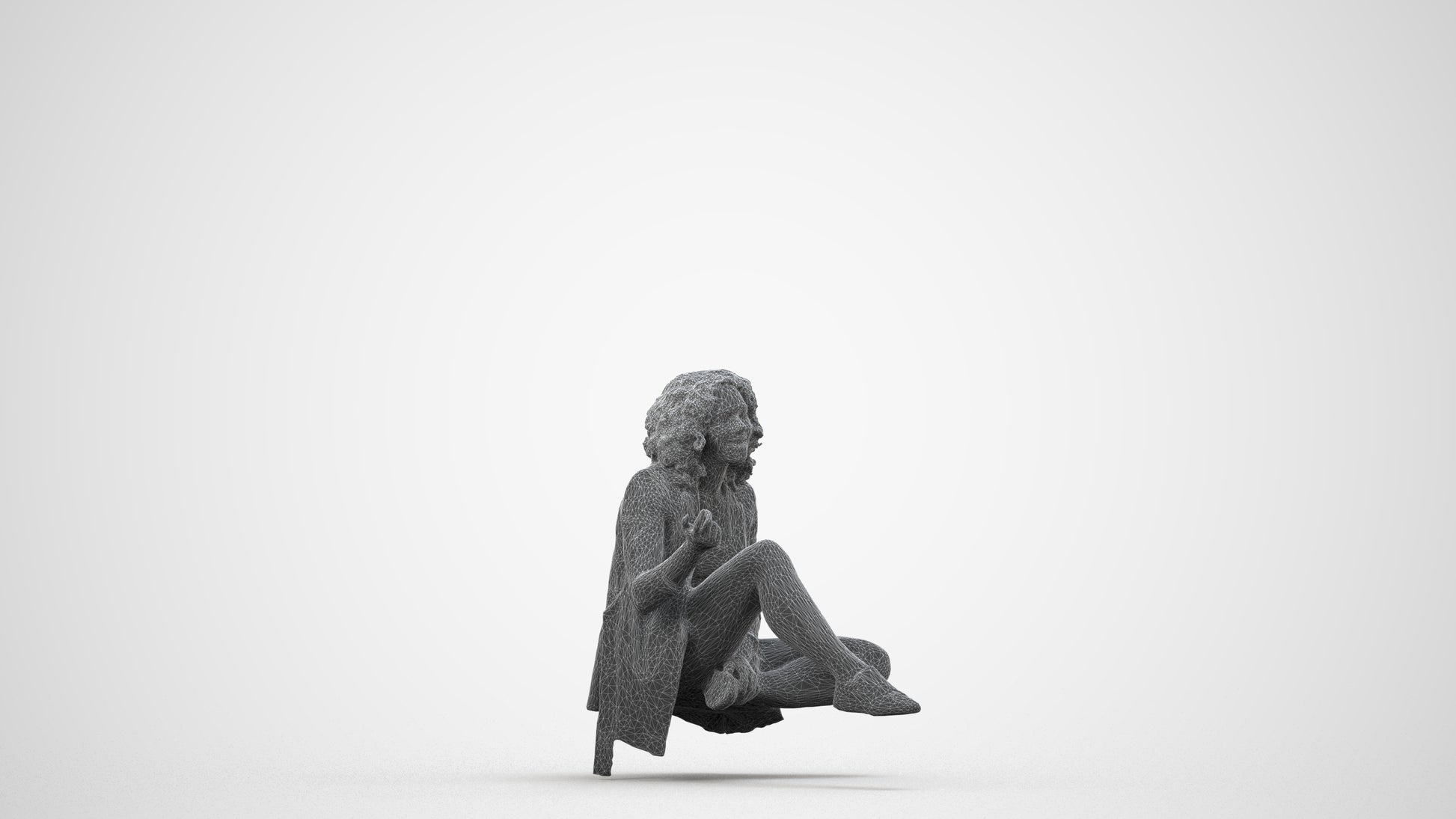 3D human model woman business sitting, photogrammetry scanned person for archviz, wireframe side view