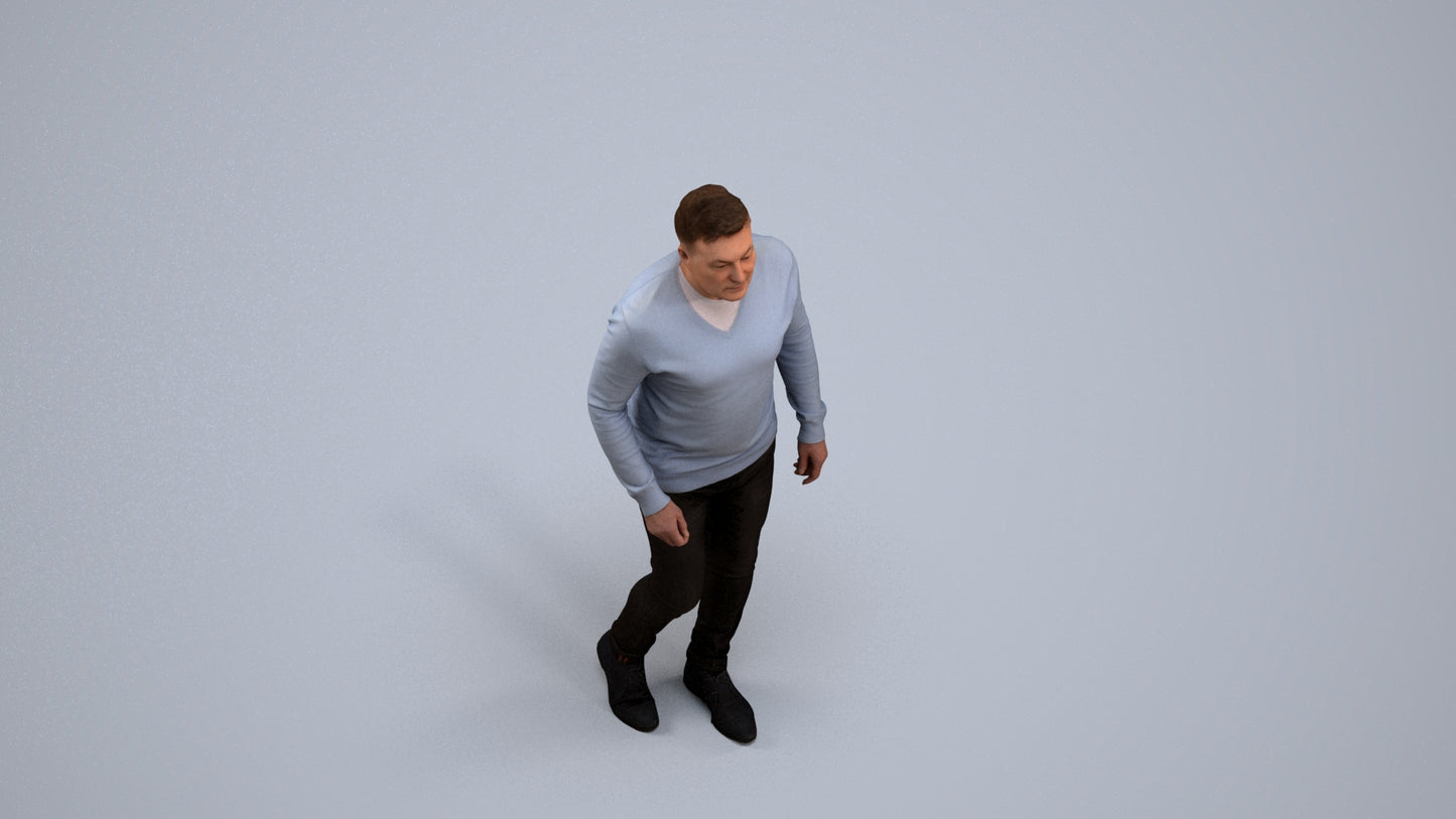 realistic 3D human man casual walking, archviz people FBX OBJ for Blender, back view render