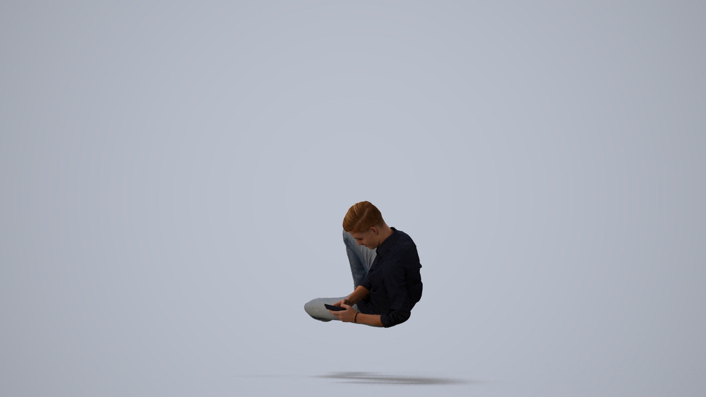 photogrammetry 3D man casual sitting, realistic human model archviz FBX, three-quarter view render