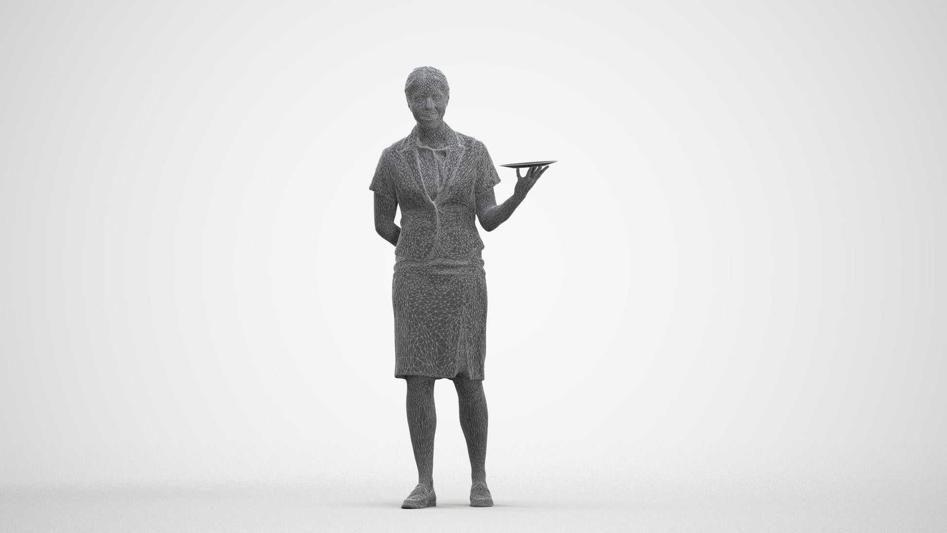 photogrammetry 3D woman hospitality, realistic human model archviz FBX, three-quarter front view render