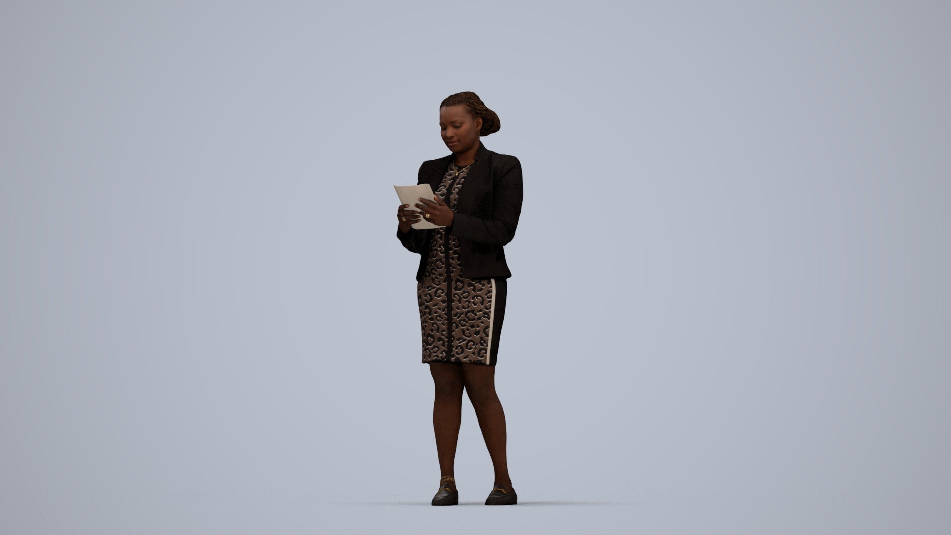 3D human model woman business standing, photogrammetry scanned person for archviz, top-down view render