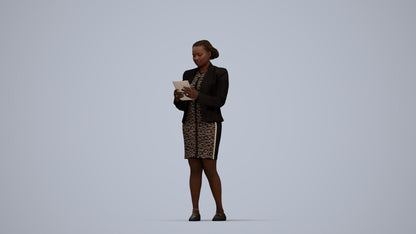 3D human model woman business standing, photogrammetry scanned person for archviz, top-down view render