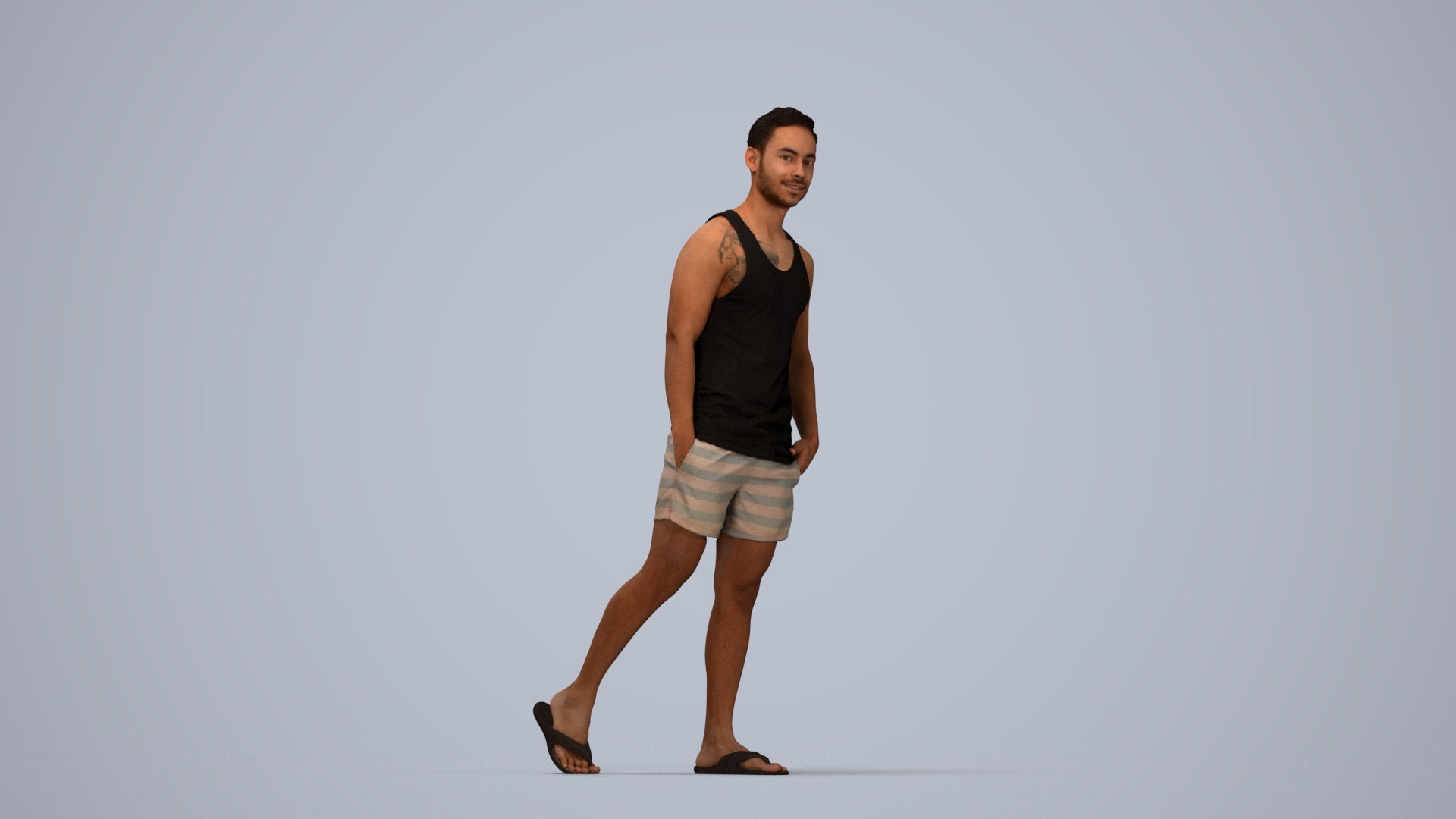 photogrammetry 3D man casual walking, realistic human model archviz FBX, top-down view render