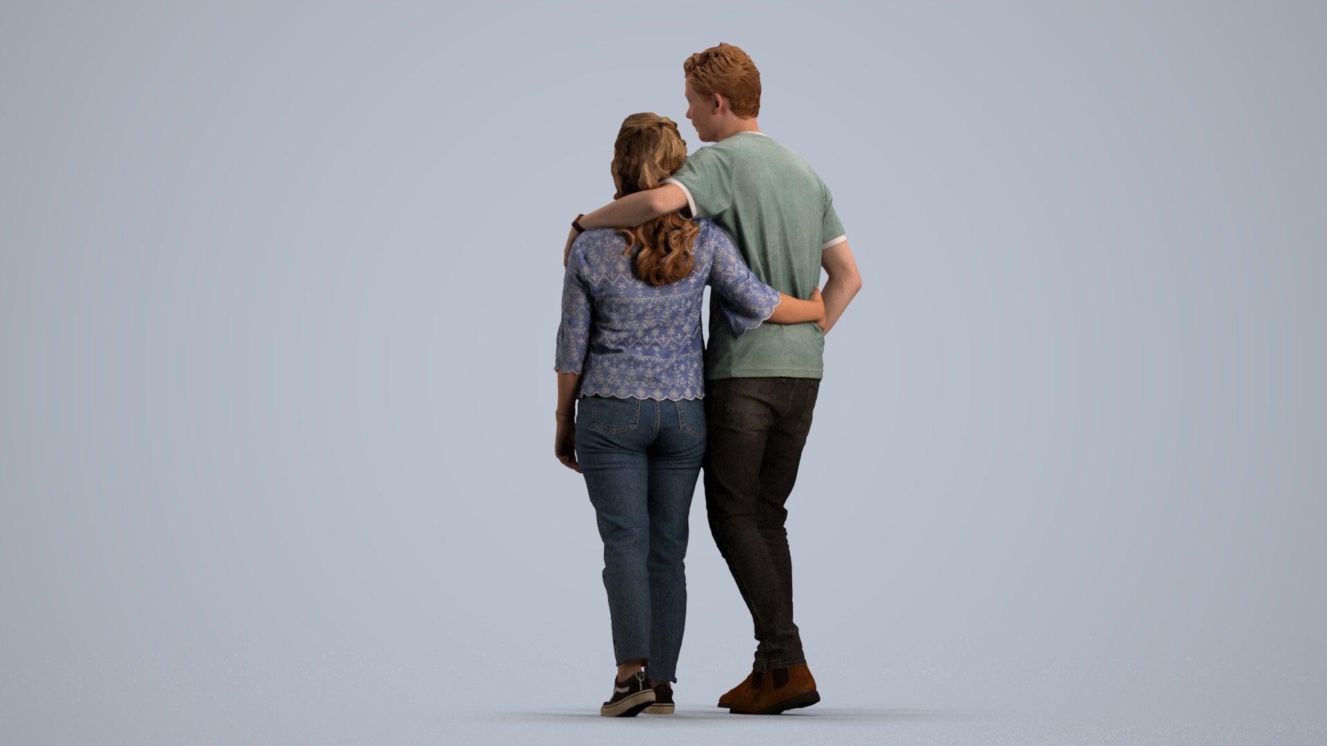 3D human model woman casual couple, photogrammetry scanned person for archviz, front view render