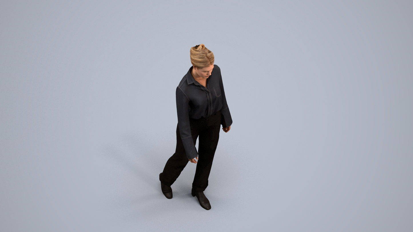 3D human model woman business walking, photogrammetry scanned person for archviz, back view render
