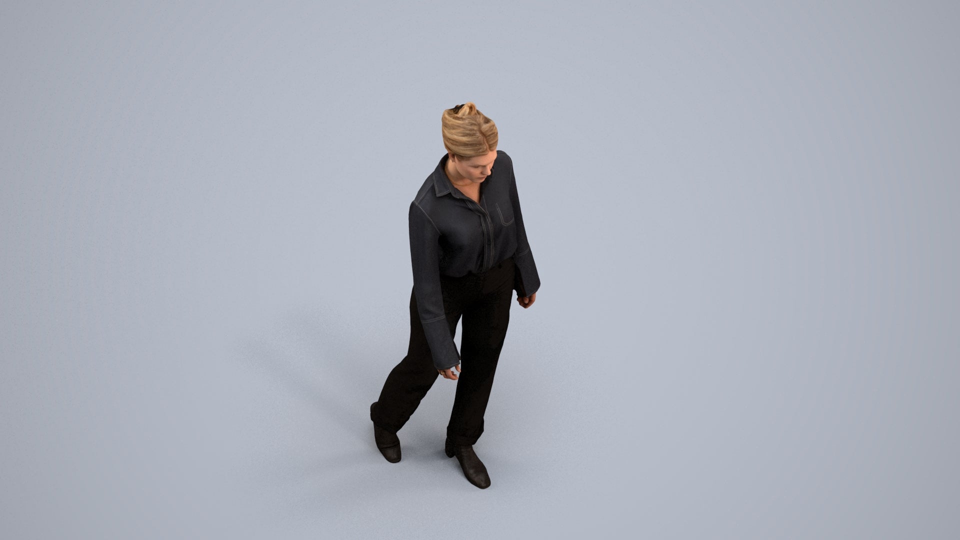 3D human model woman business walking, photogrammetry scanned person for archviz, back view render