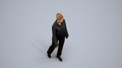 3D human model woman business walking, photogrammetry scanned person for archviz, back view render