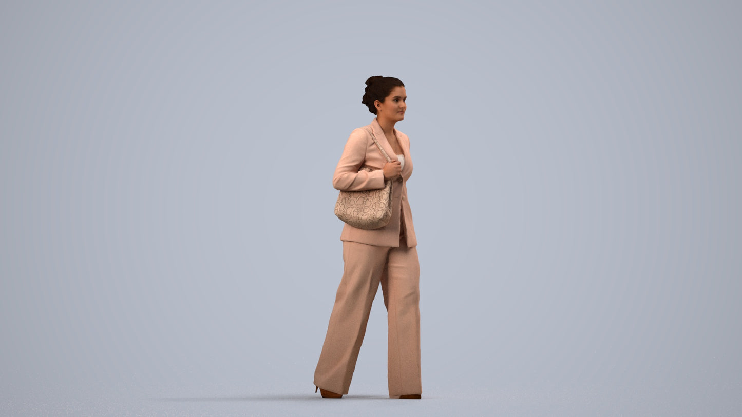 realistic 3D human woman business standing, archviz people FBX OBJ for Blender, side view render