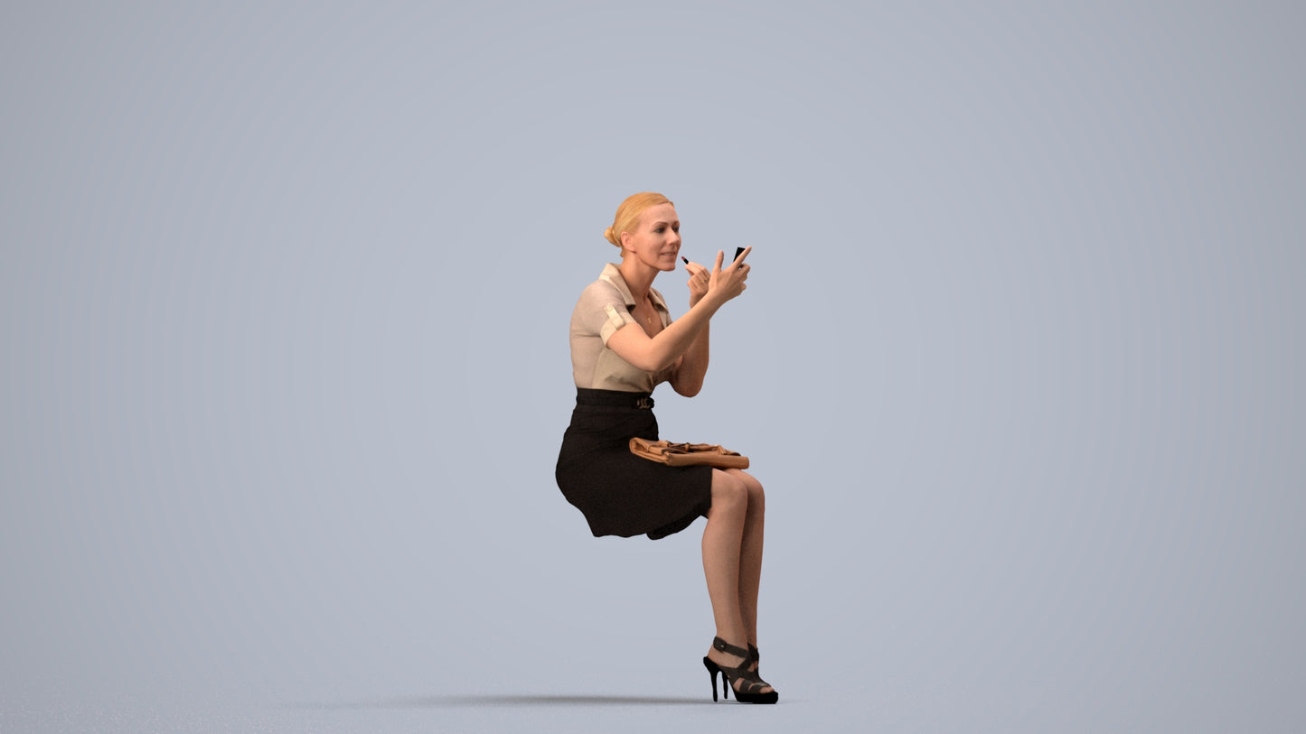 3D human model woman casual sitting, photogrammetry scanned person for archviz, side view render