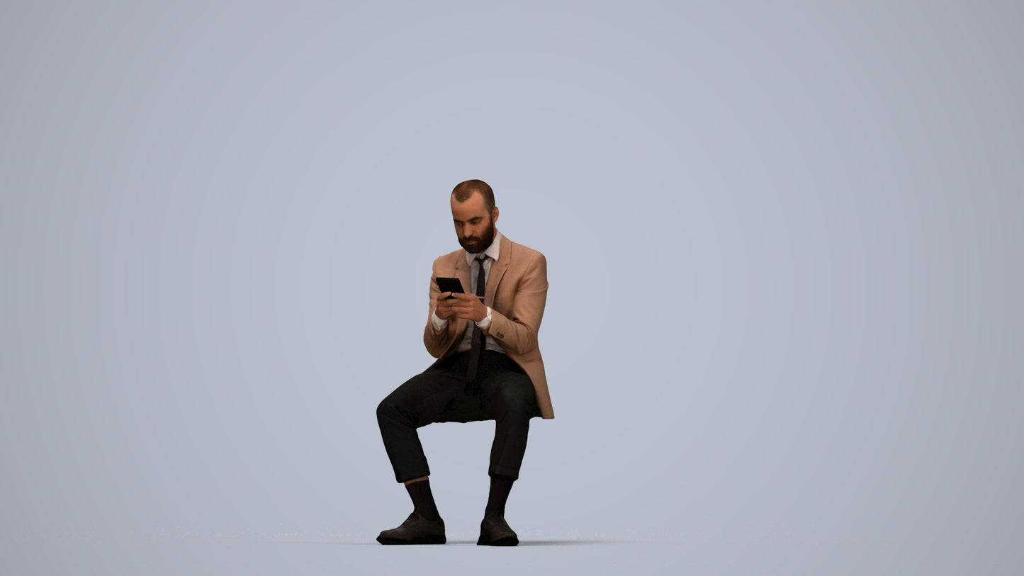 3D human model man business, photogrammetry scanned person for archviz, top-down view render