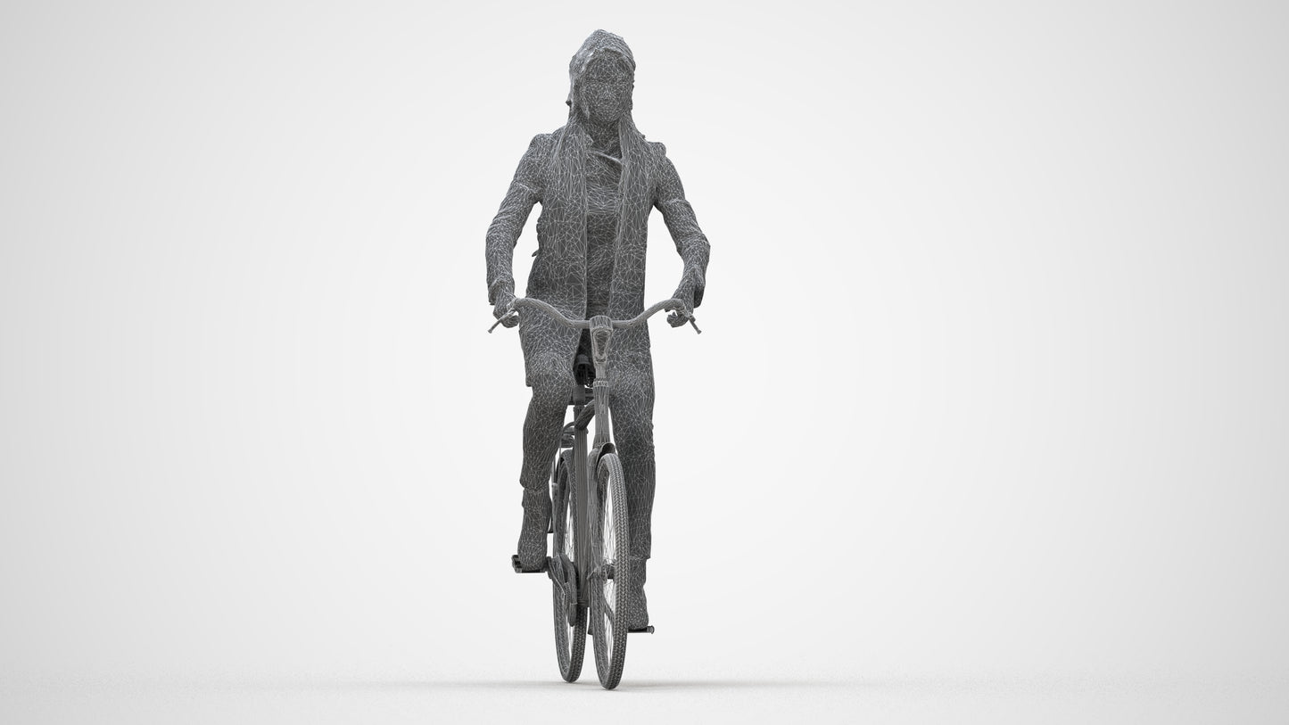 realistic 3D woman casual cycling, scanned archviz people for Blender and 3ds Max, wireframe back view