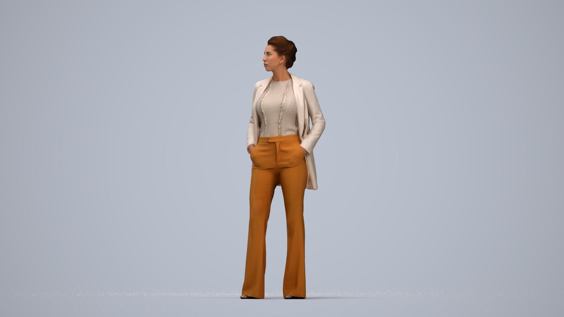 3D people model woman business standing, scanned human for 3ds Max rendering, top-down view render