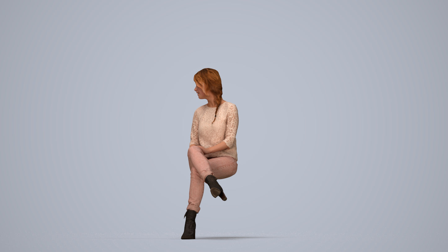 photogrammetry 3D girl business sitting, realistic human model archviz FBX, top-down view render