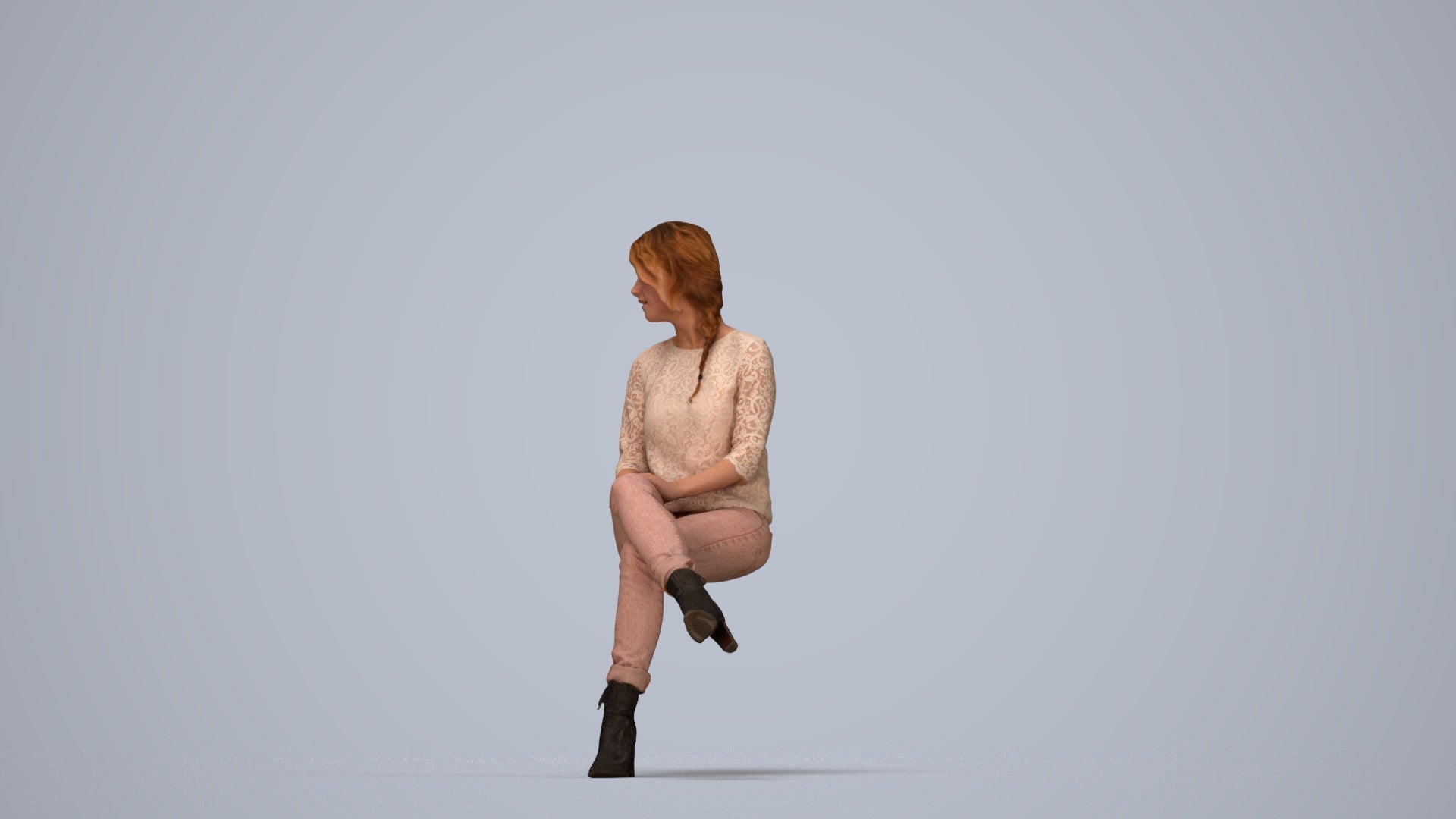 photogrammetry 3D girl business sitting, realistic human model archviz FBX, top-down view render
