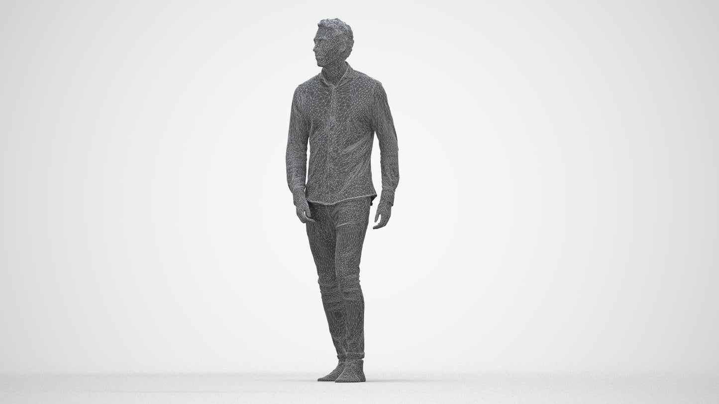 realistic 3D man casual walking, scanned archviz people for Blender and 3ds Max, wireframe back view