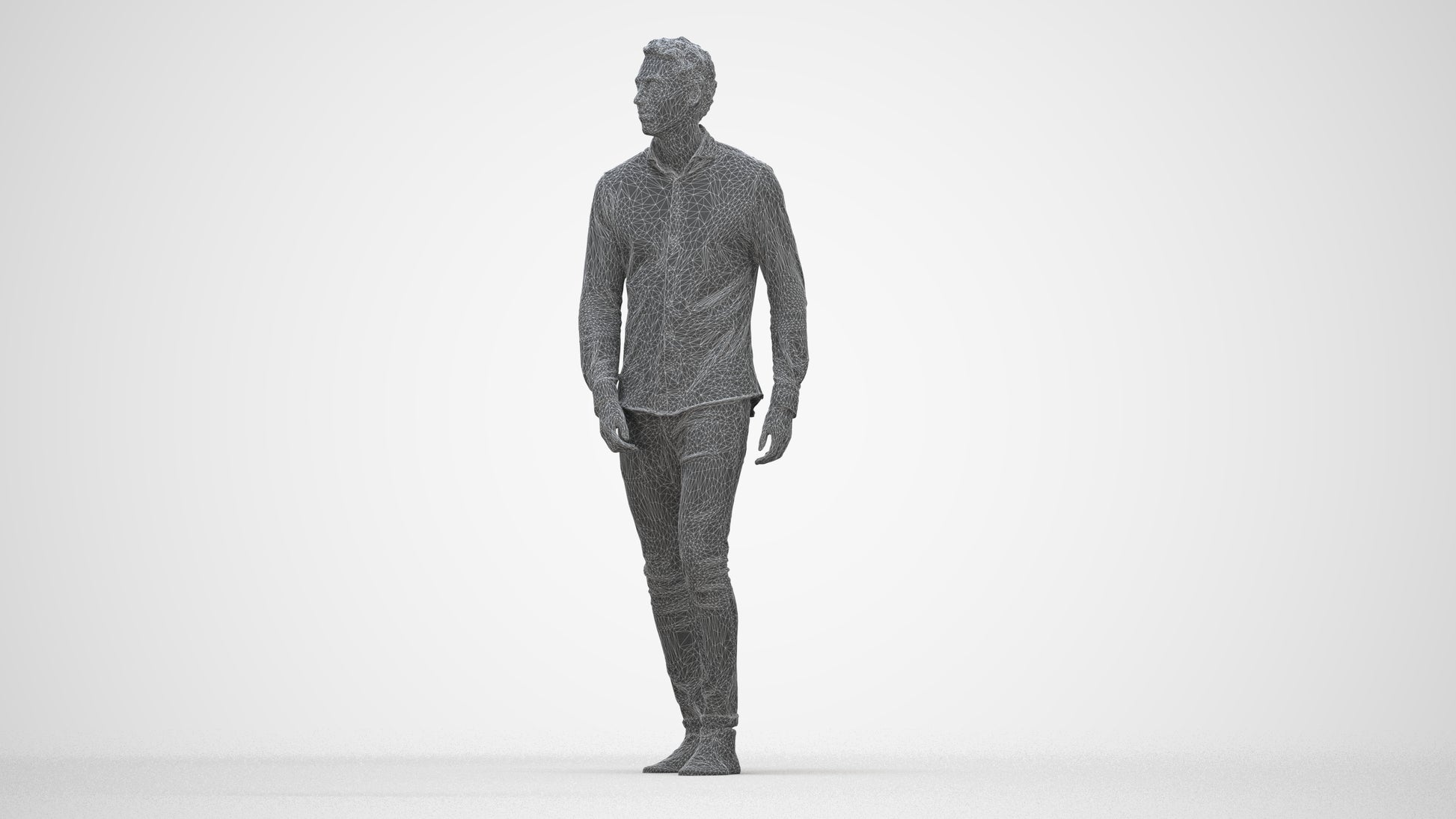 realistic 3D man casual walking, scanned archviz people for Blender and 3ds Max, wireframe back view