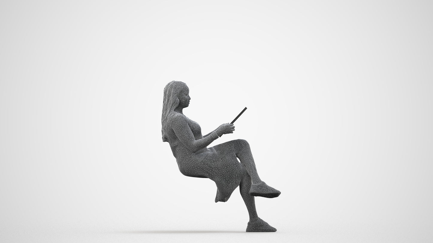 realistic 3D human woman casual sitting, archviz people FBX OBJ for Blender, wireframe side view