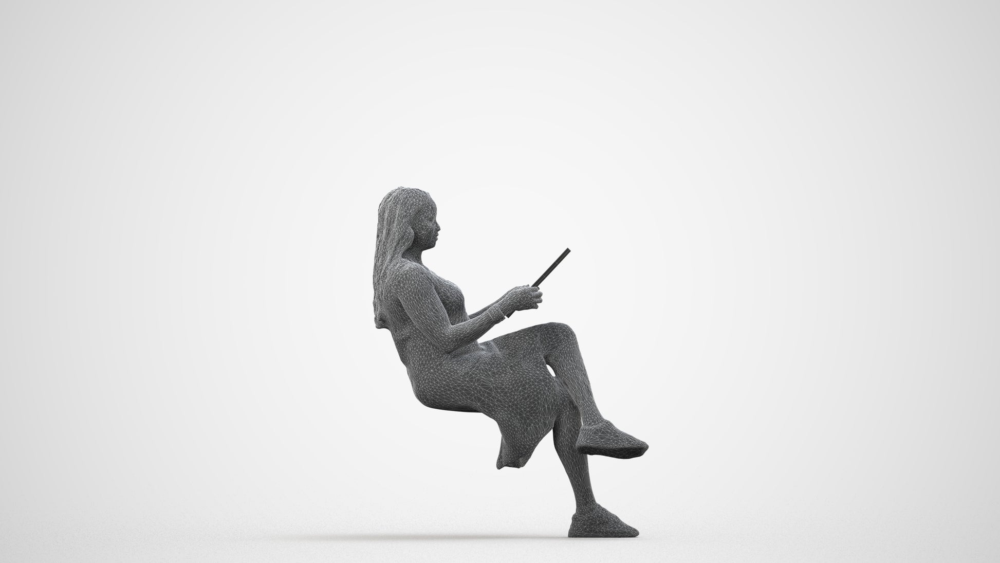 realistic 3D human woman casual sitting, archviz people FBX OBJ for Blender, wireframe side view
