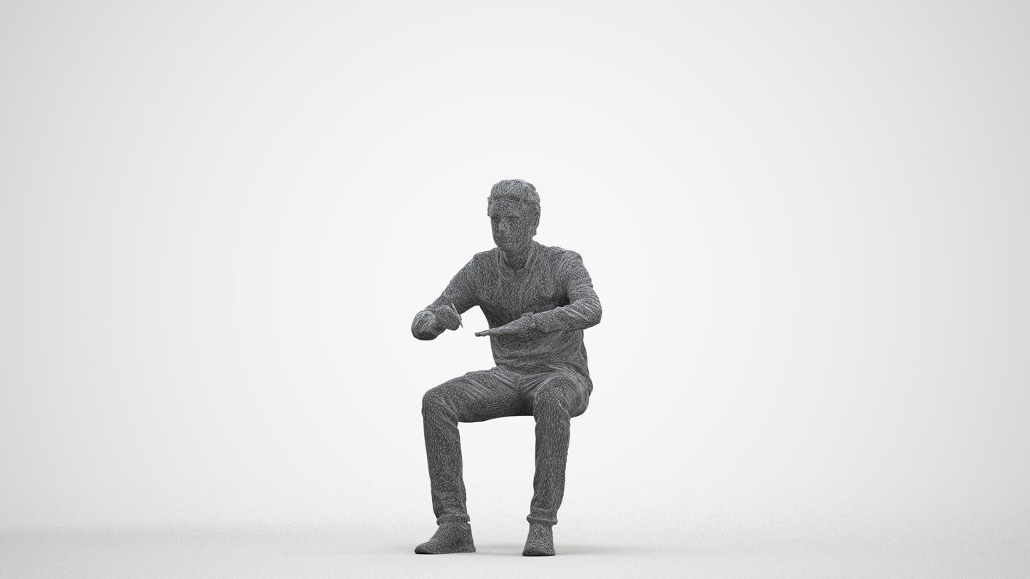 3D people model man casual sitting, scanned human for 3ds Max rendering, three-quarter front view render
