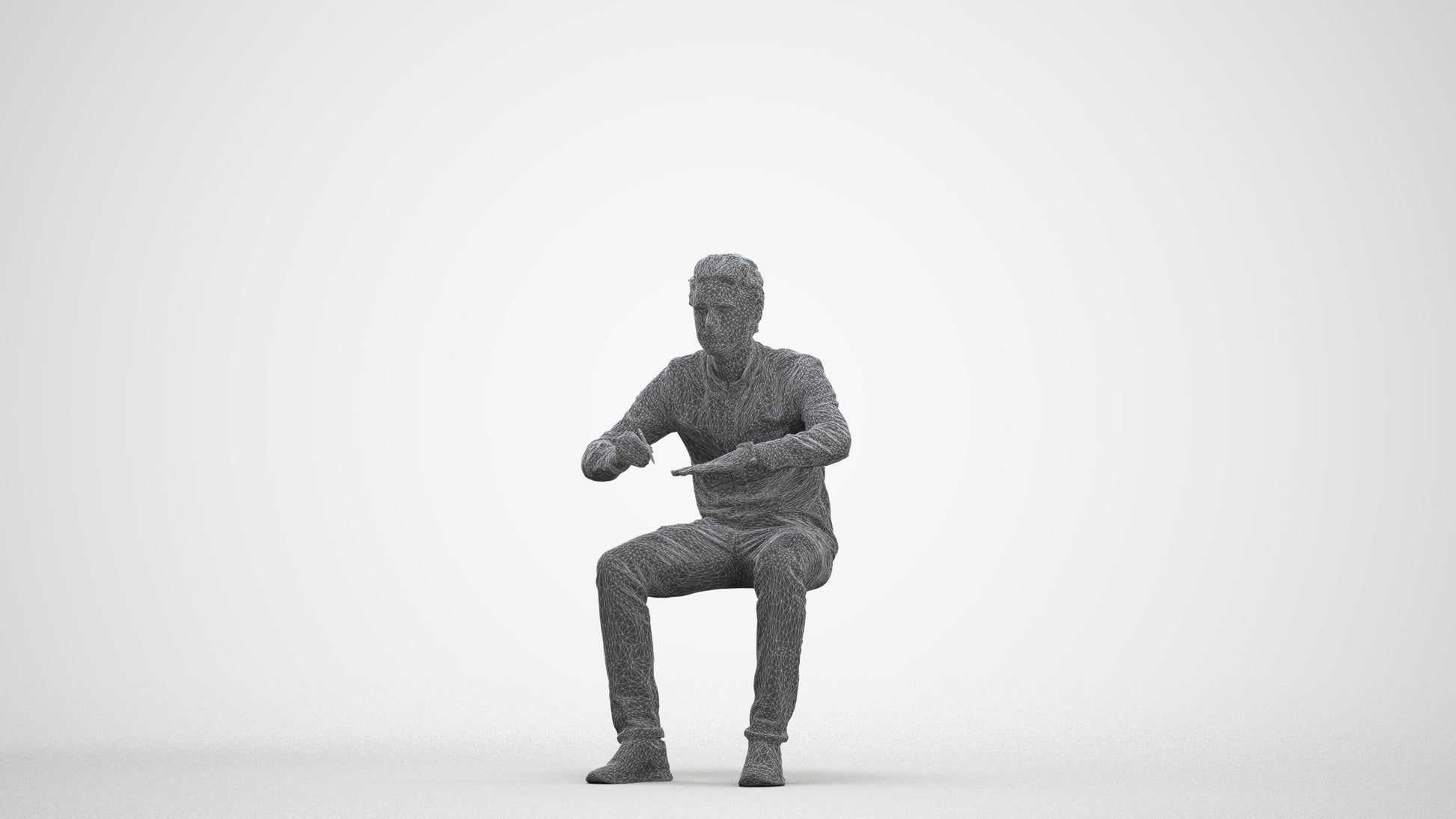 3D people model man casual sitting, scanned human for 3ds Max rendering, three-quarter front view render