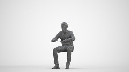 3D people model man casual sitting, scanned human for 3ds Max rendering, three-quarter front view render