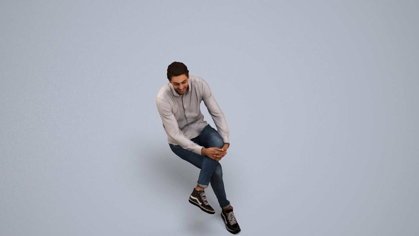 realistic 3D human man casual sitting, archviz people FBX OBJ for Blender, back view render