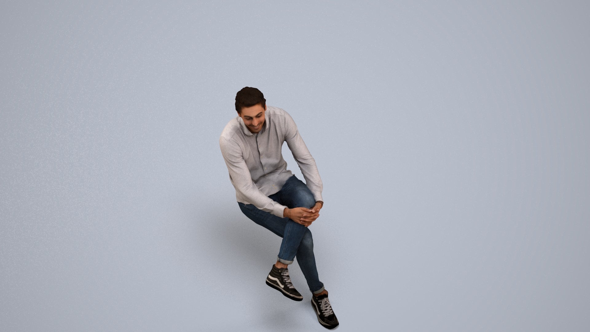 realistic 3D human man casual sitting, archviz people FBX OBJ for Blender, back view render
