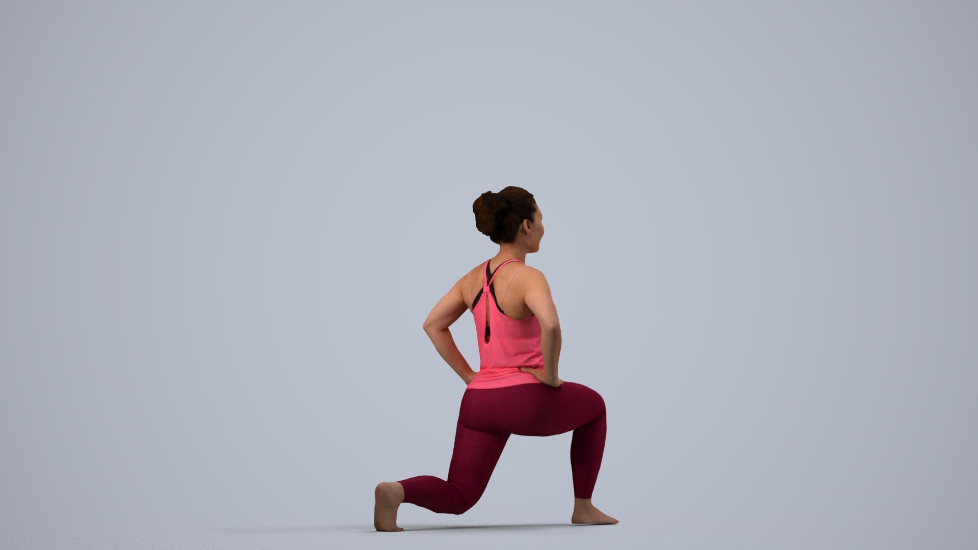3D human model woman sport, photogrammetry scanned person for archviz, side view render