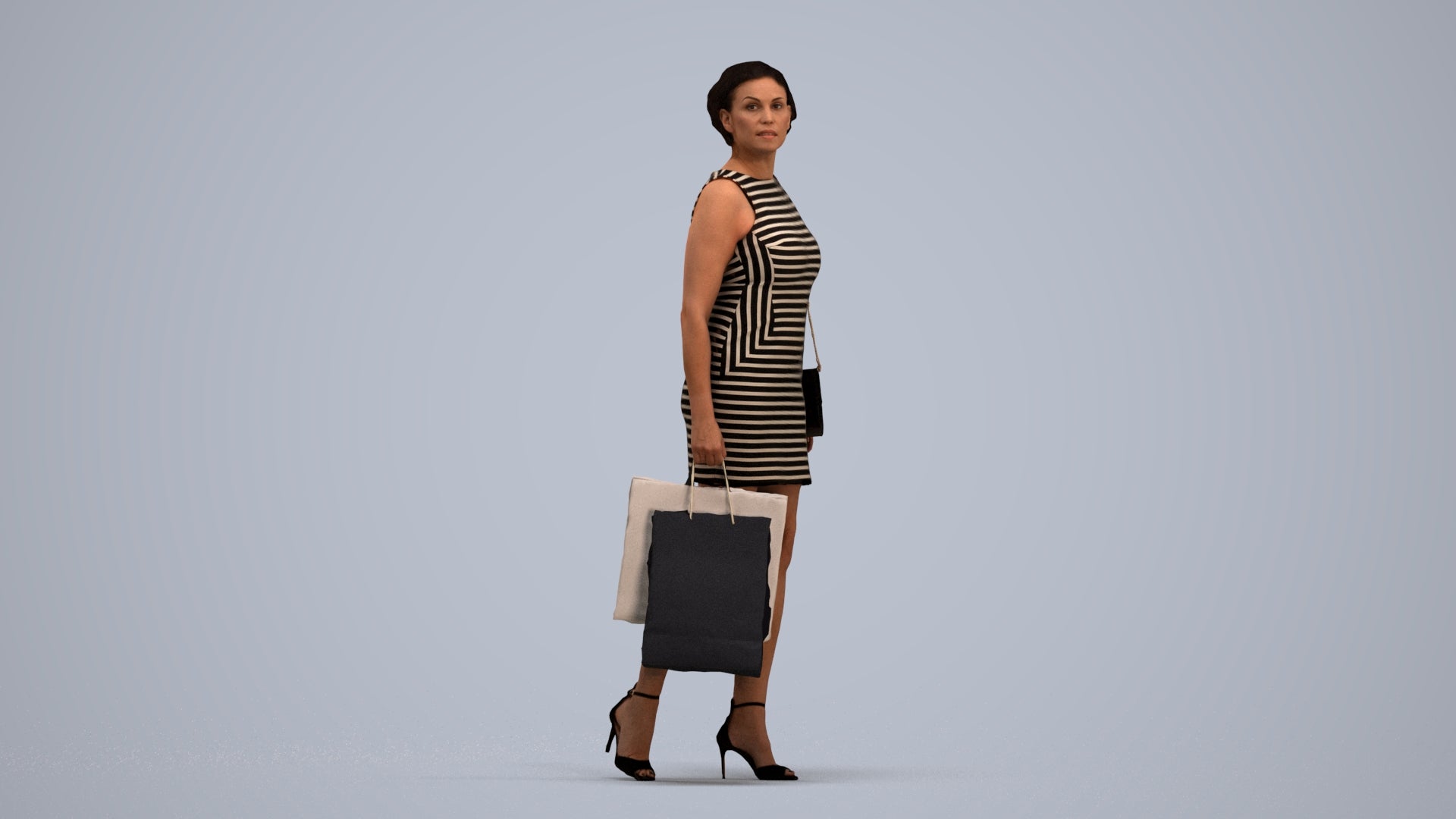 photogrammetry 3D woman casual shopping, realistic human model archviz FBX, standing pose render