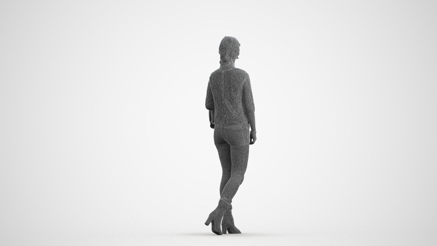 3D people model woman casual walking, scanned human for 3ds Max rendering, wireframe front view