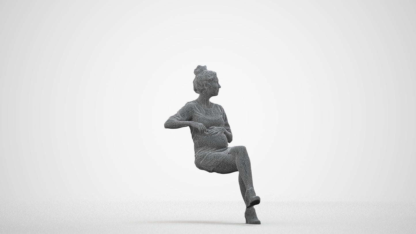 3D scanned woman sitting casual, photorealistic archviz people for Enscape and SketchUp, wireframe side view