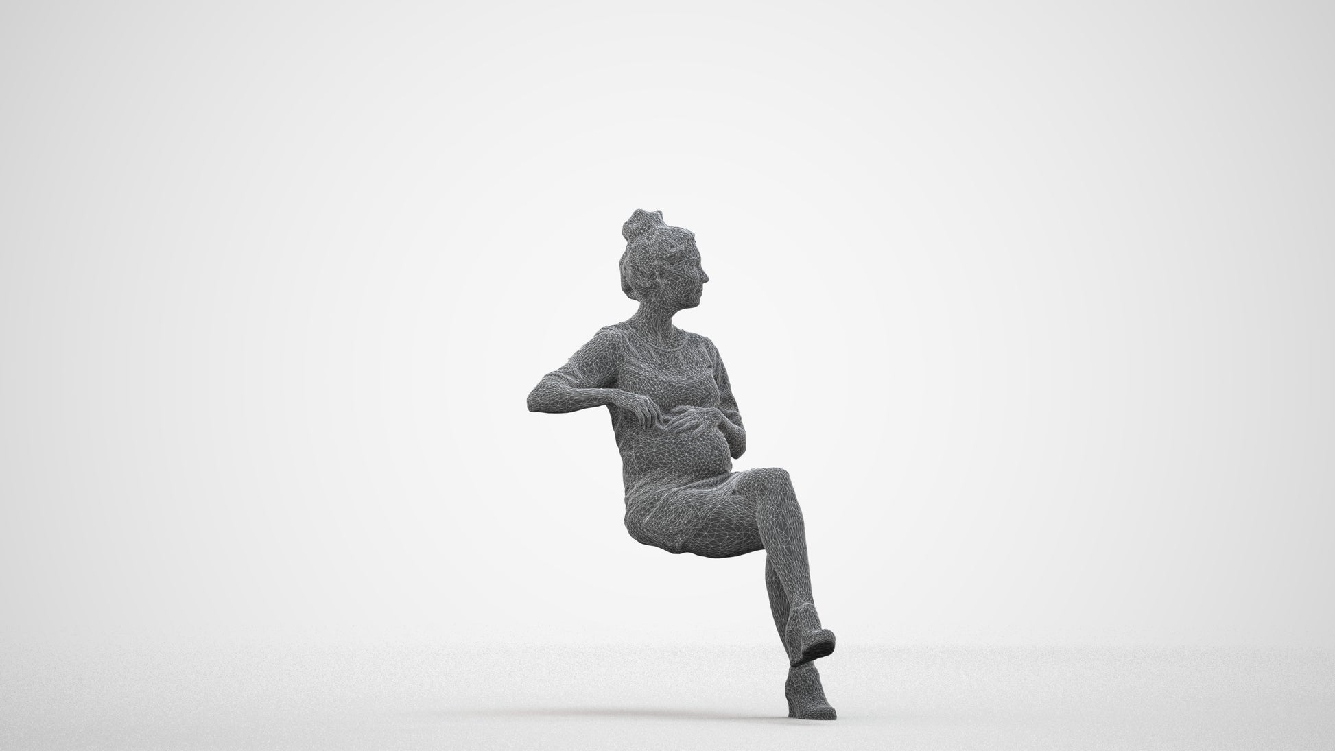 3D scanned woman sitting casual, photorealistic archviz people for Enscape and SketchUp, wireframe side view