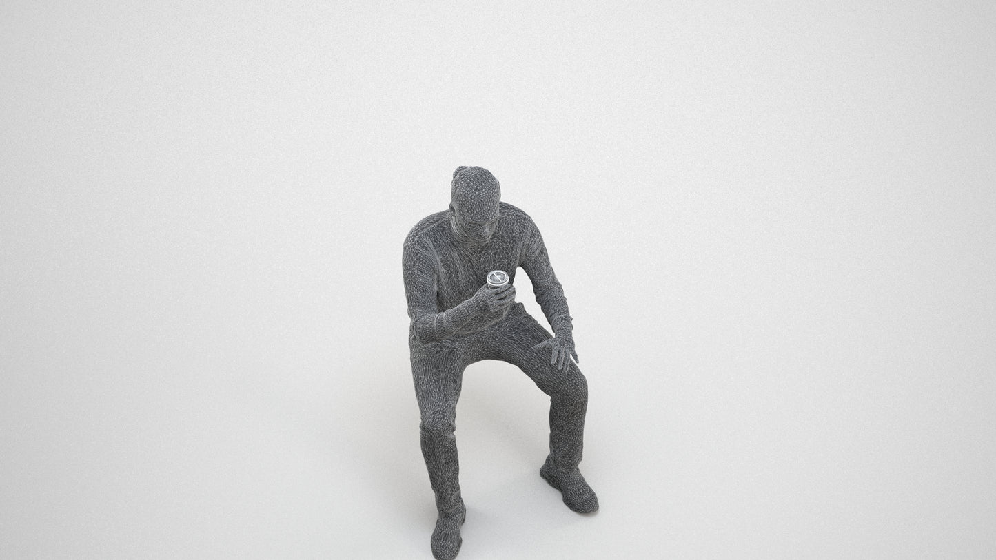 realistic 3D people man casual sitting, render-ready for V-Ray and Corona, FBX OBJ, wireframe three-quarter view