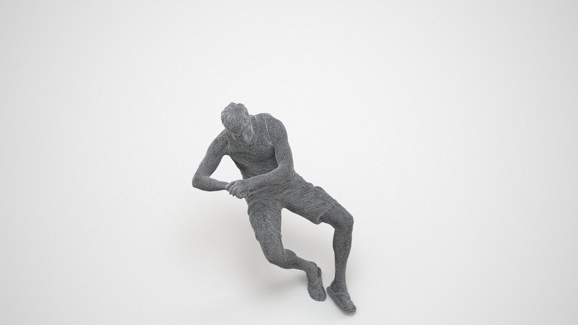 3D scanned man sitting casual, photorealistic archviz people for Enscape and SketchUp, wireframe three-quarter view