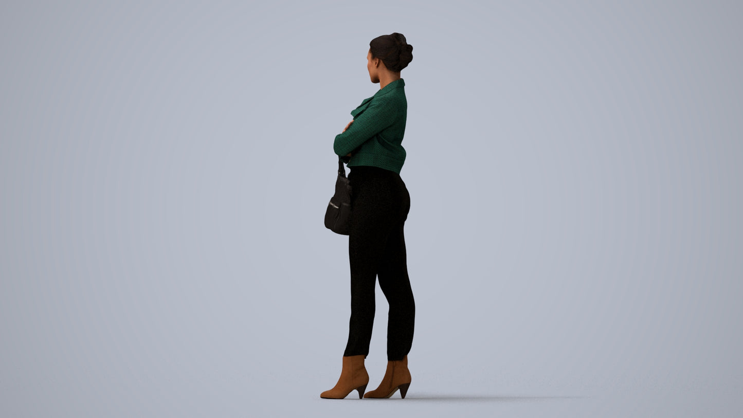 3D human model woman business standing, photogrammetry scanned person for archviz, three-quarter view render