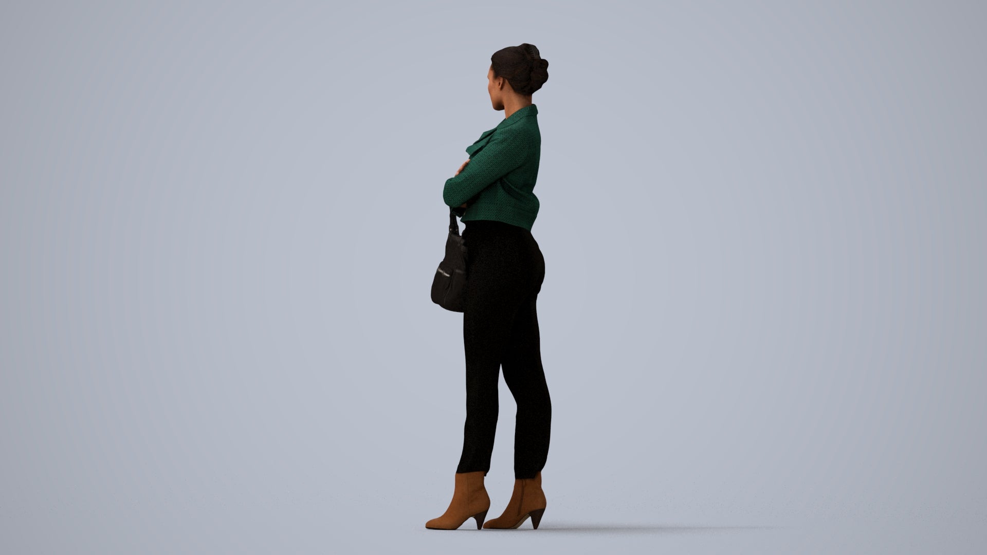 3D human model woman business standing, photogrammetry scanned person for archviz, three-quarter view render