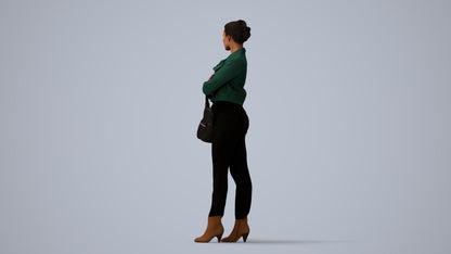3D human model woman business standing, photogrammetry scanned person for archviz, three-quarter view render