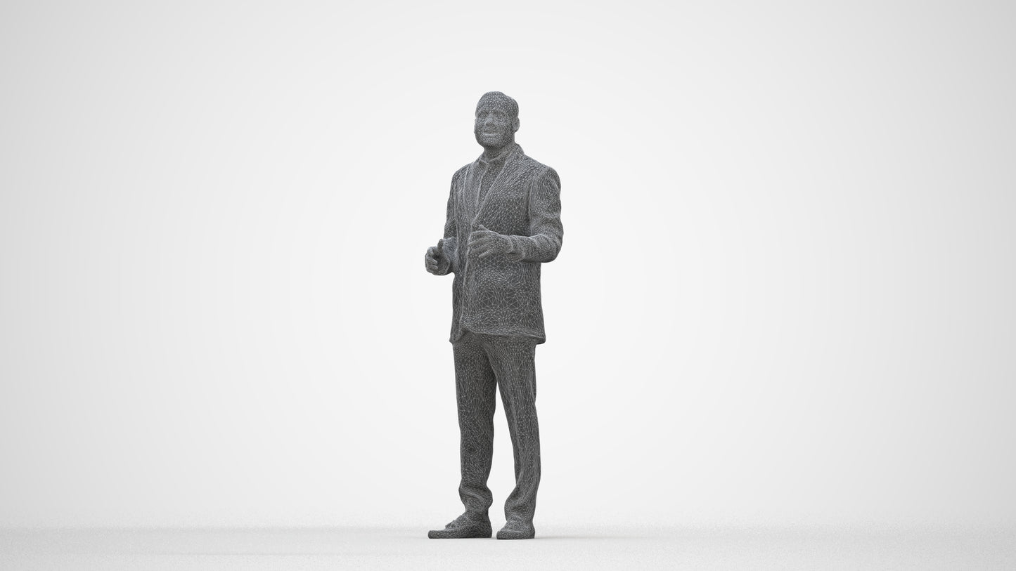 3D scanned man standing formal, photorealistic archviz people for Enscape and SketchUp, wireframe back view
