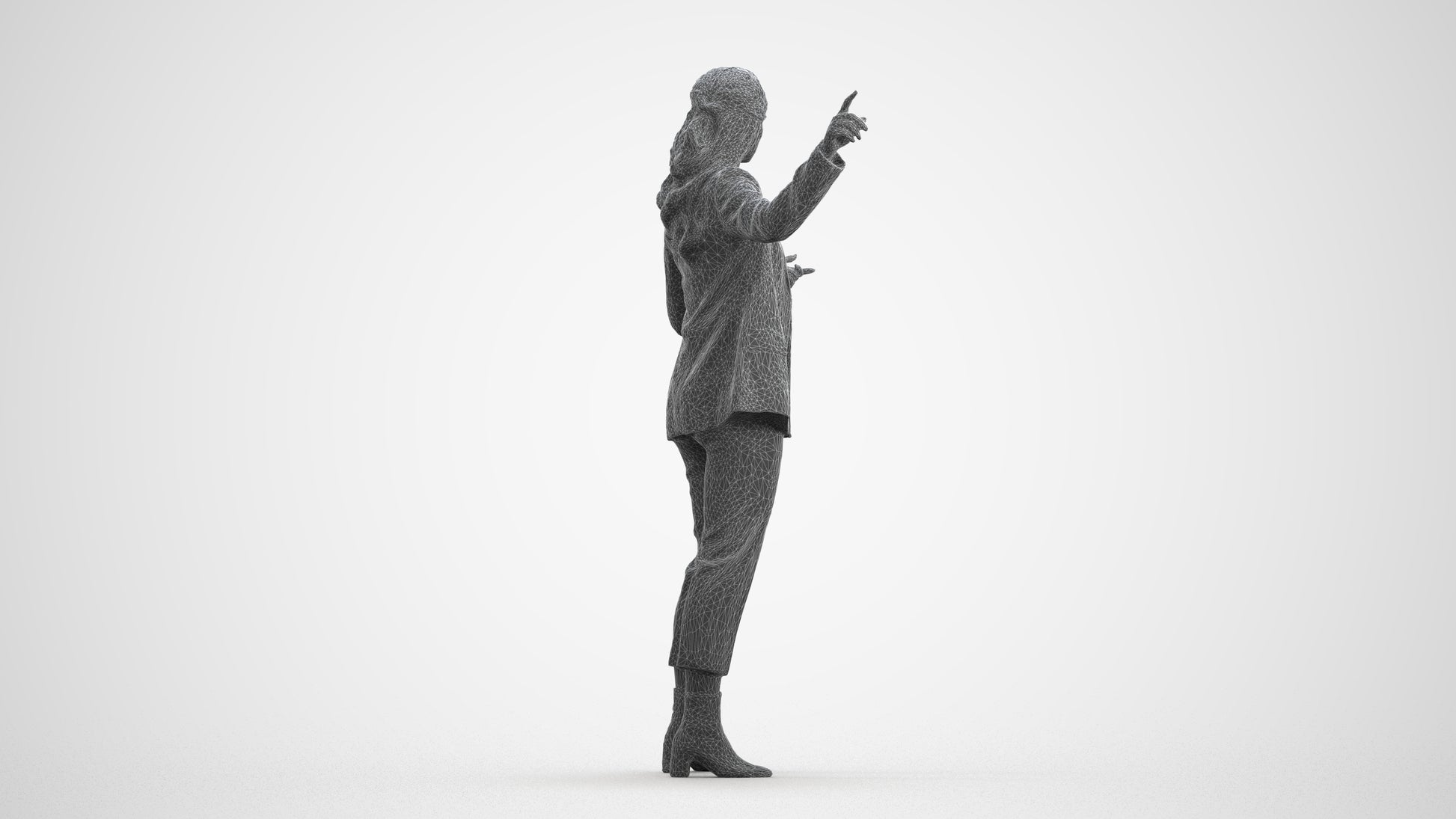 3D human model woman business, photogrammetry scanned person for archviz, wireframe front view