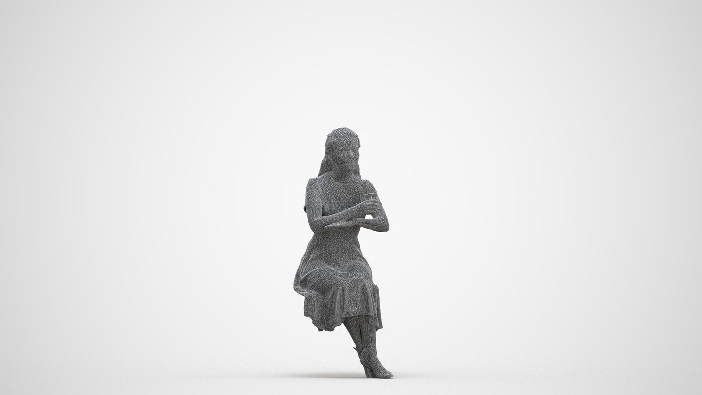3D human model woman casual sitting, photogrammetry scanned person for archviz, three-quarter front view render