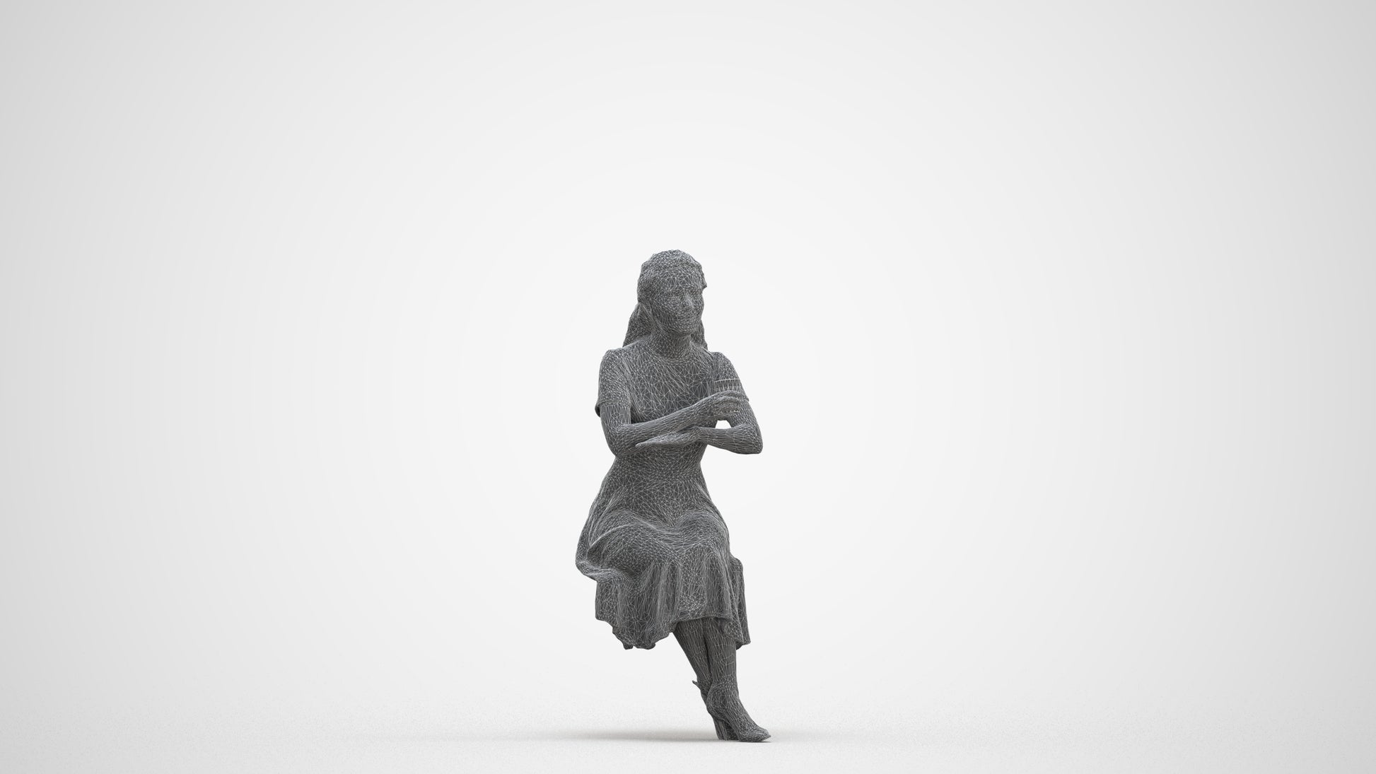 3D human model woman casual sitting, photogrammetry scanned person for archviz, three-quarter front view render