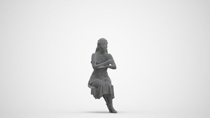 3D human model woman casual sitting, photogrammetry scanned person for archviz, three-quarter front view render