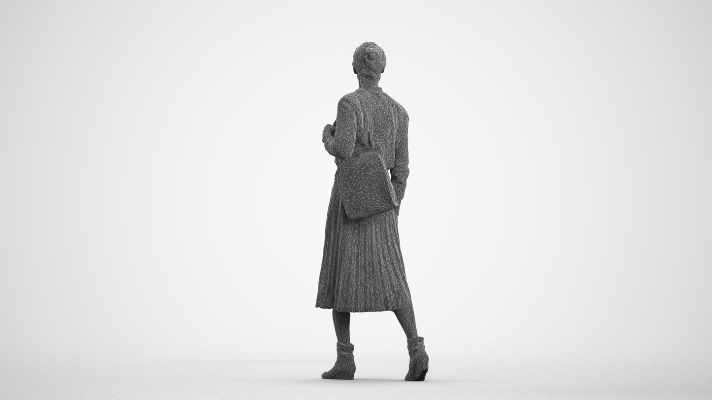 3D scanned senior woman walking casual, photorealistic archviz people for Enscape and SketchUp, wireframe front view