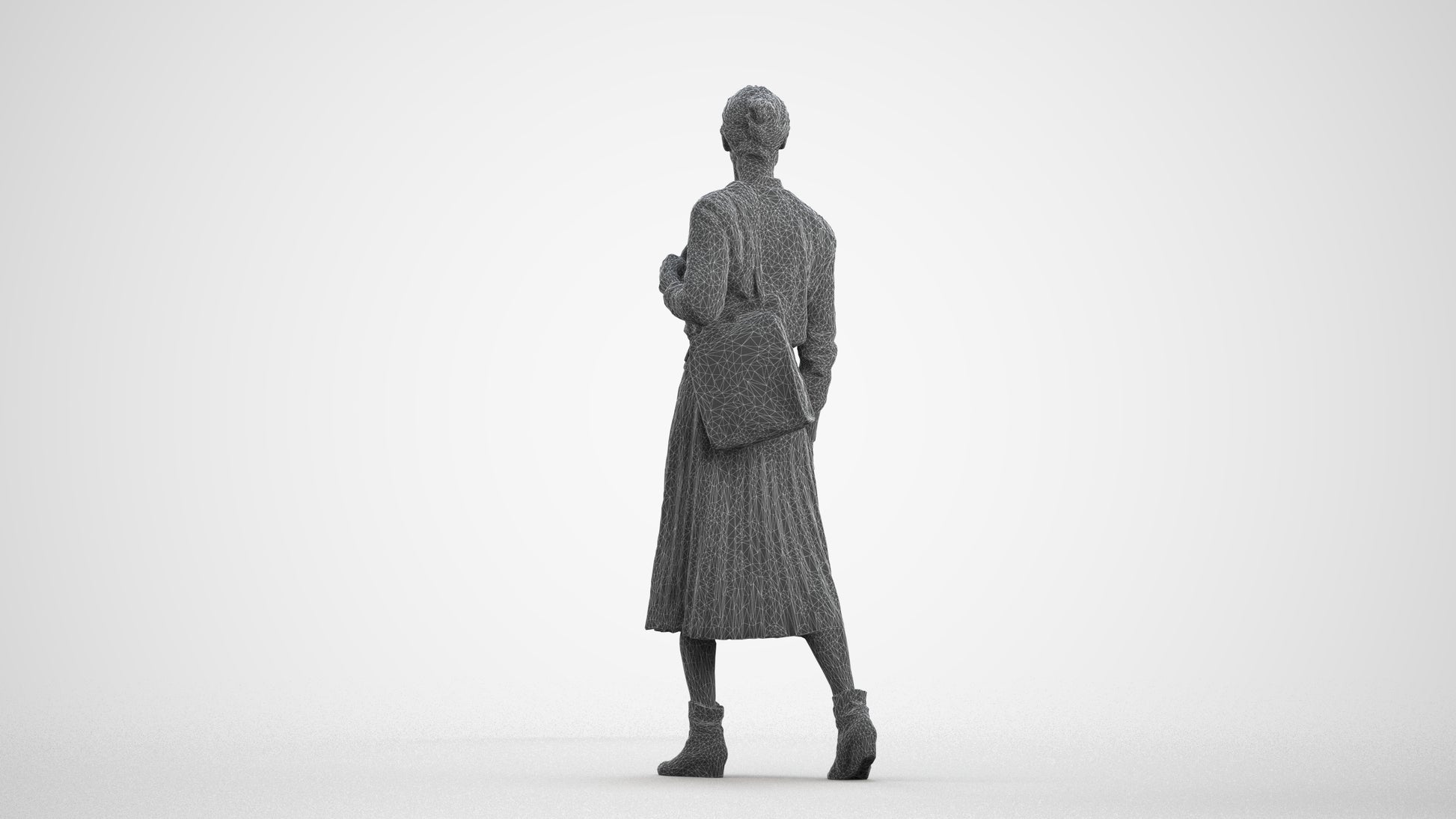 3D scanned senior woman walking casual, photorealistic archviz people for Enscape and SketchUp, wireframe front view