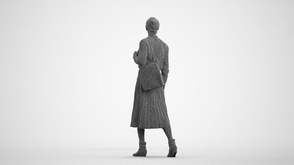 3D scanned senior woman walking casual, photorealistic archviz people for Enscape and SketchUp, wireframe front view