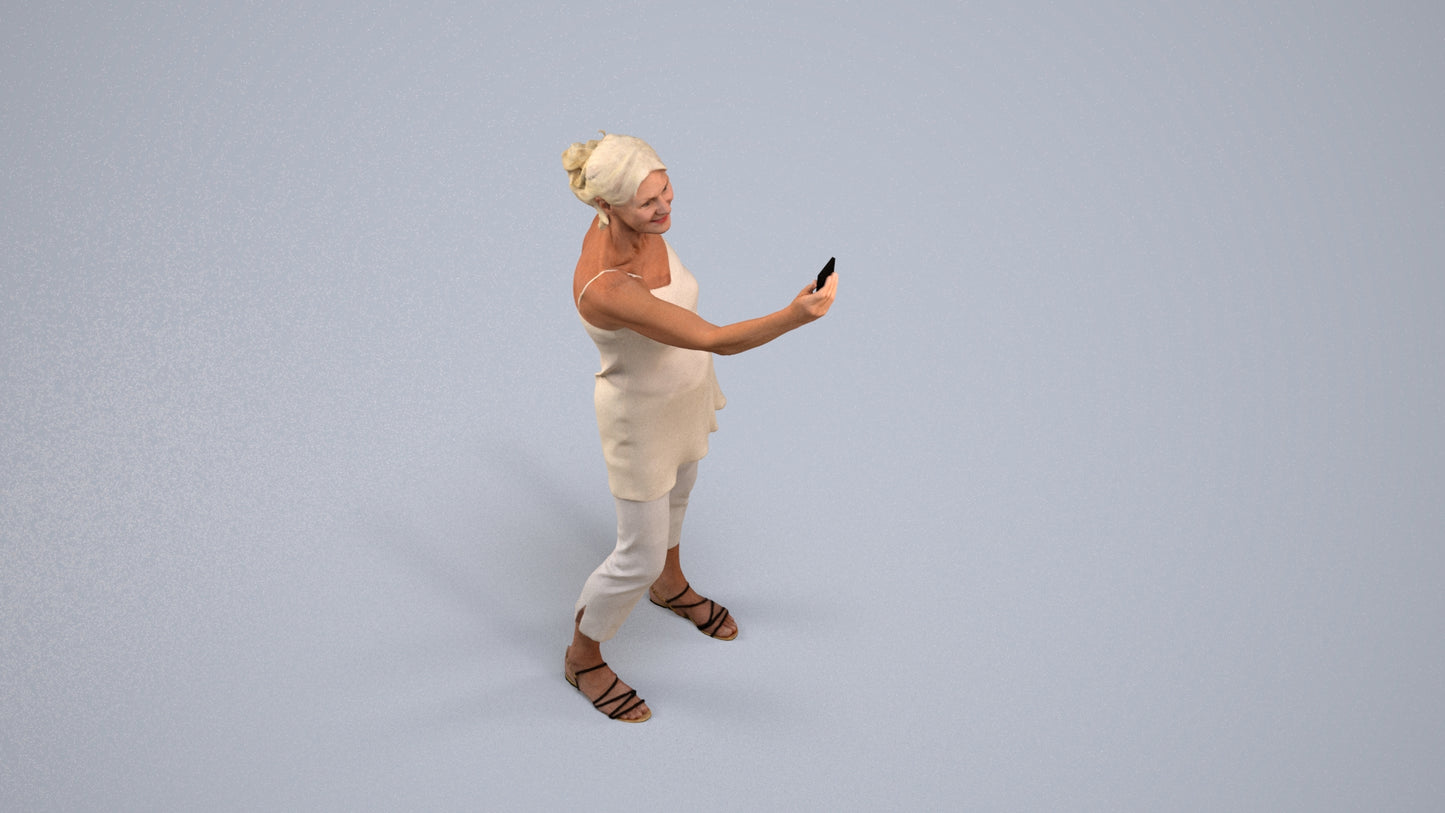 3D human model senior woman casual standing, photogrammetry scanned person for archviz, back view render