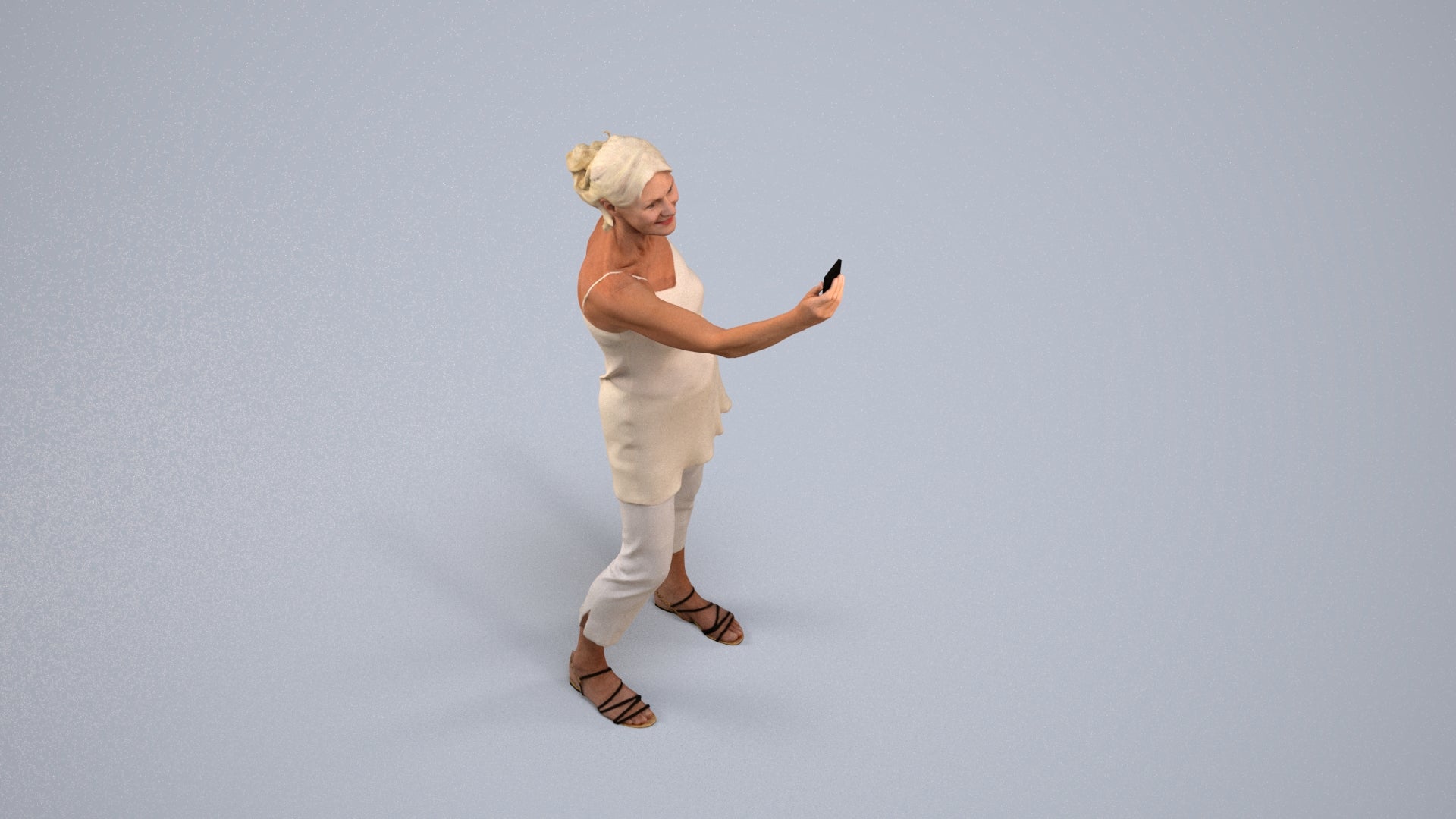 3D human model senior woman casual standing, photogrammetry scanned person for archviz, back view render